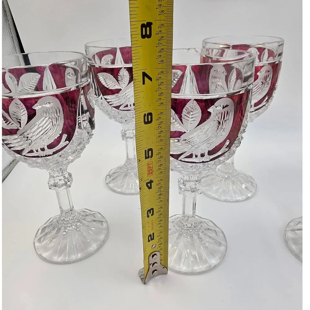 Vintage Bohemian Ruby Red Cut to Clear Crystal Wine Goblets Etched Bird Set of 6